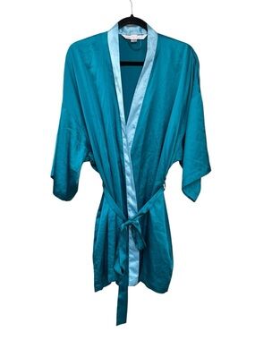Victoria's Secret Teal Satin Short Robe with Light Teal Trim
